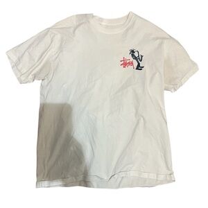 Stussy White Tee with Black and Red Graphic